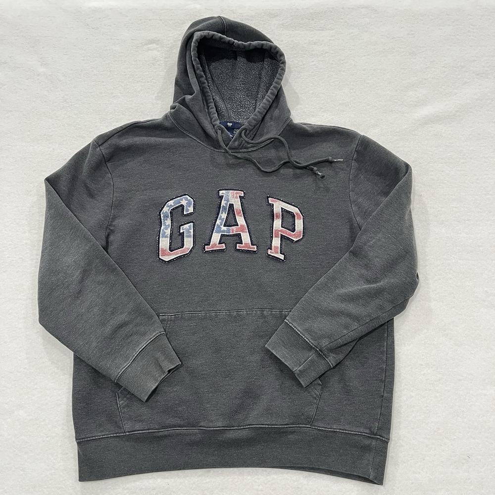 Vintage GAP Hoodie Mens L Gray American Flag USA Skater Grunge Y2K 2000s